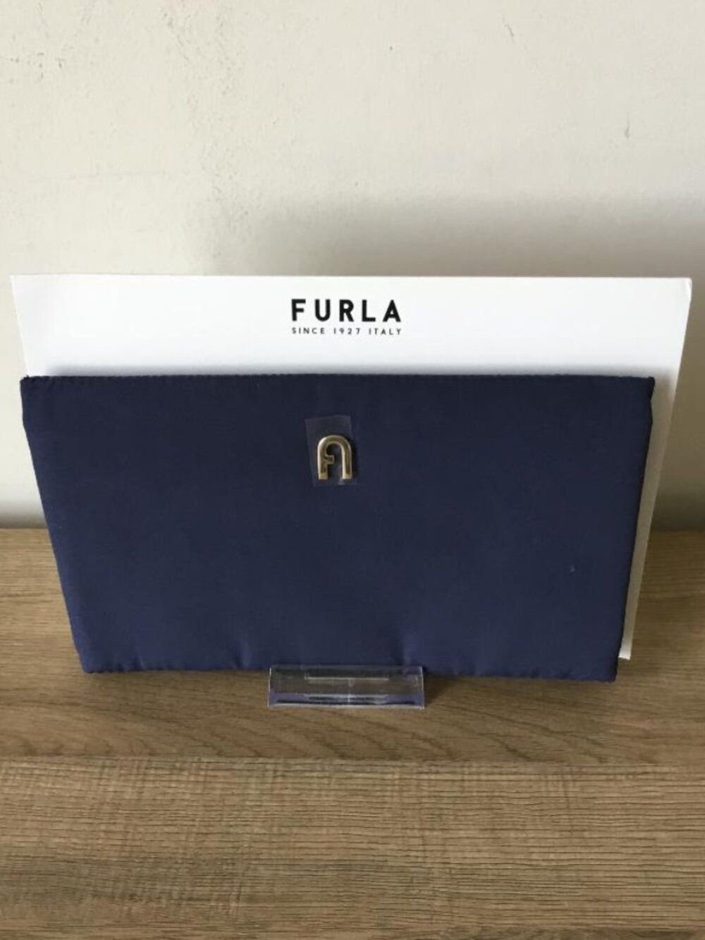 Furla Navy Blue Nylon Clutch Gold Metal "Arch" Logo on Front, Snap Closure NWOT